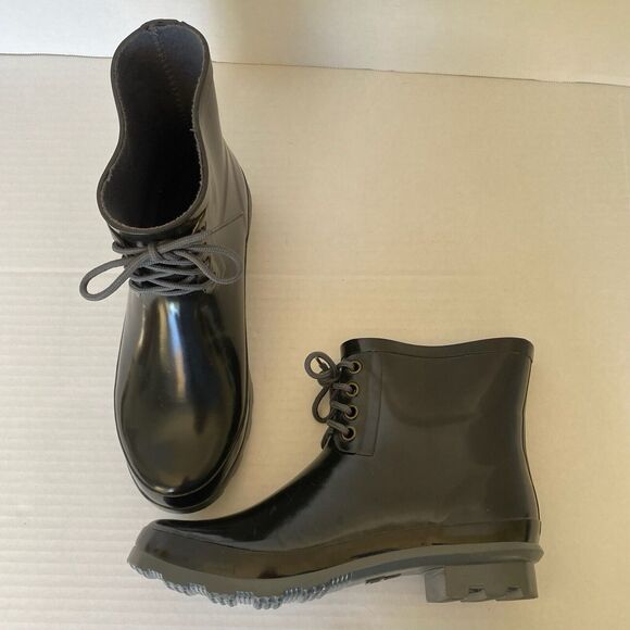 Electric Karma Boots Womens 9 Black Rain Ankle High Lace-Up Detail Pull-On - Picture 8 of 11